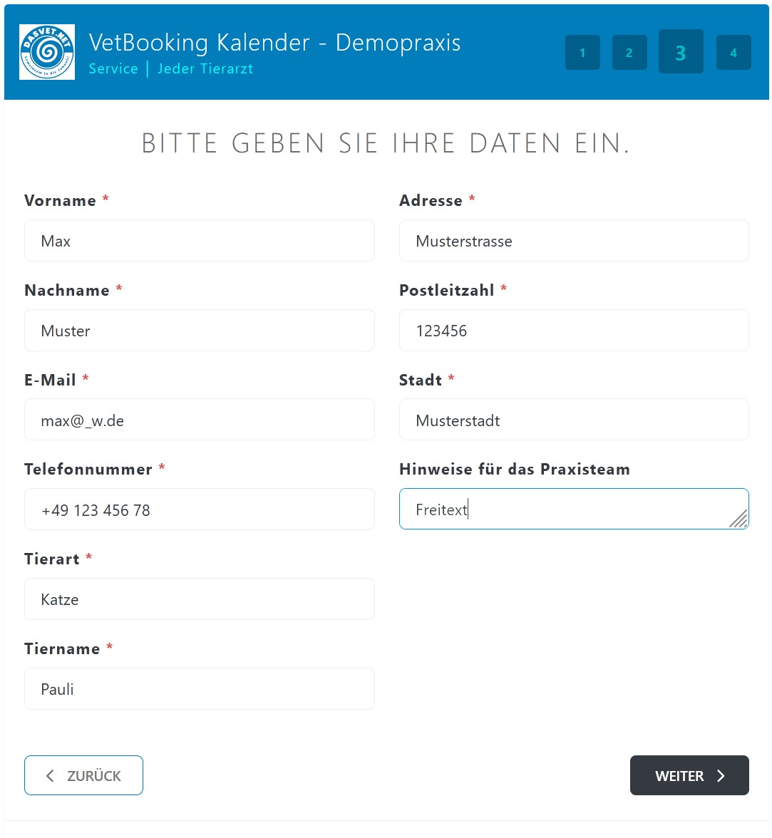Übersicht zur Bestätigung eines Tierarzttermins